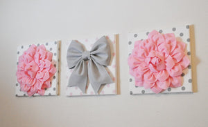 Three Light Pink Dahlias and Gray Bow on Polka Dot Canvases - Daisy Manor