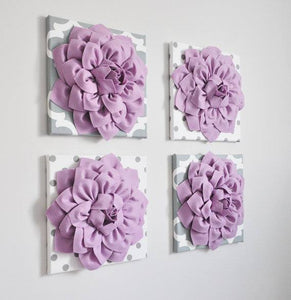 Baby Nursery Wall Decor, Lilac Dahlia flowers on Gray Moroccan and Gray polka dot printed canvases
