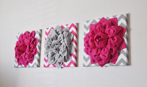 Three Hot Pink and Gray Flower Chevron Canvases - Daisy Manor