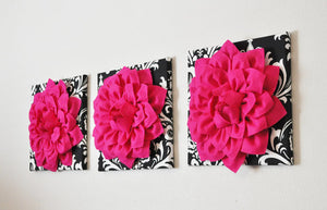 Three Hot Pink Dahlia Flowers on Black and White Damask Canvases - Daisy Manor