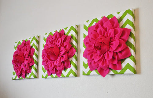 Three Hot Pink Dahlias on Green and White Chevron Canvases - Daisy Manor