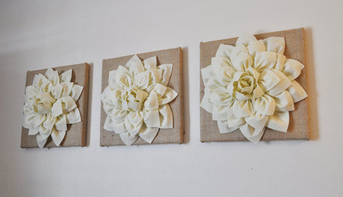 Three Ivory Dahlias on Burlap 12 x12