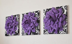 THREE Lavender Dahlia Flowers on Black and White Damask - Daisy Manor