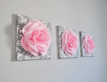 Load image into Gallery viewer, Trio Canvas Set Light Pink Roses on Gray and White Damask art Picture Decor for Bedroom - Daisy Manor
