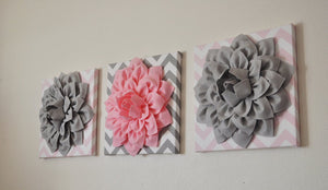 Three Gray and Light Pink Chevron Canvases - Daisy Manor