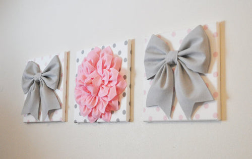 Set of Three Large Gray Bows and Light Pink Dahlia on Polka Dot Canvases - Daisy Manor