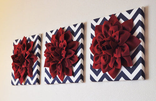 Ruby Dahlia Flowers on Navy and White Chevron Canvas - Daisy Manor