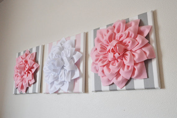 Set of Three White and Light Pink Dahlia and Stripe Canvases - Daisy Manor