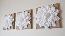 Load image into Gallery viewer, Bathroom Decor, French Country Floral Wall Decor White  Dahlia flowers on Burlap Canvases
