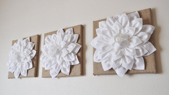 Bathroom Decor, French Country Floral Wall Decor White  Dahlia flowers on Burlap Canvases