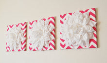 Load image into Gallery viewer, THREE White Dahlia Flowers on Hot Pink and White Chevron Canvases - Daisy Manor

