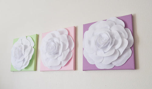 Three White Roses on Light Pink Lilac Light Green Canvases - Daisy Manor