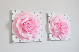 Light Pink Roses on White with Gray Polka Dot Canvases - Daisy Manor