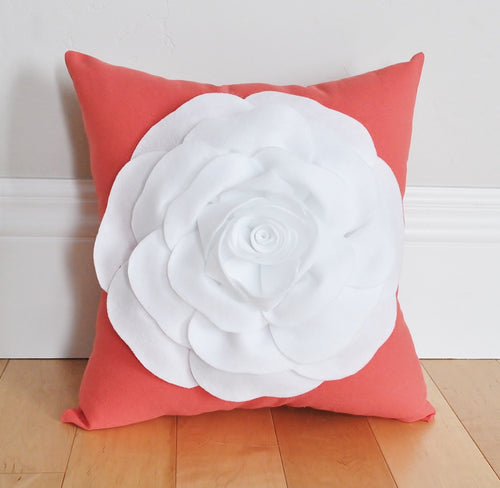 White Flower on Coral Pillow -Coral Pink- Red Orange Salmon - Rose Pillow - Daisy Manor