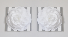 Load image into Gallery viewer, Set of TWO White Roses on Gray Stripe Canvases
