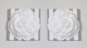 Set of TWO White Roses on Gray Stripe Canvases
