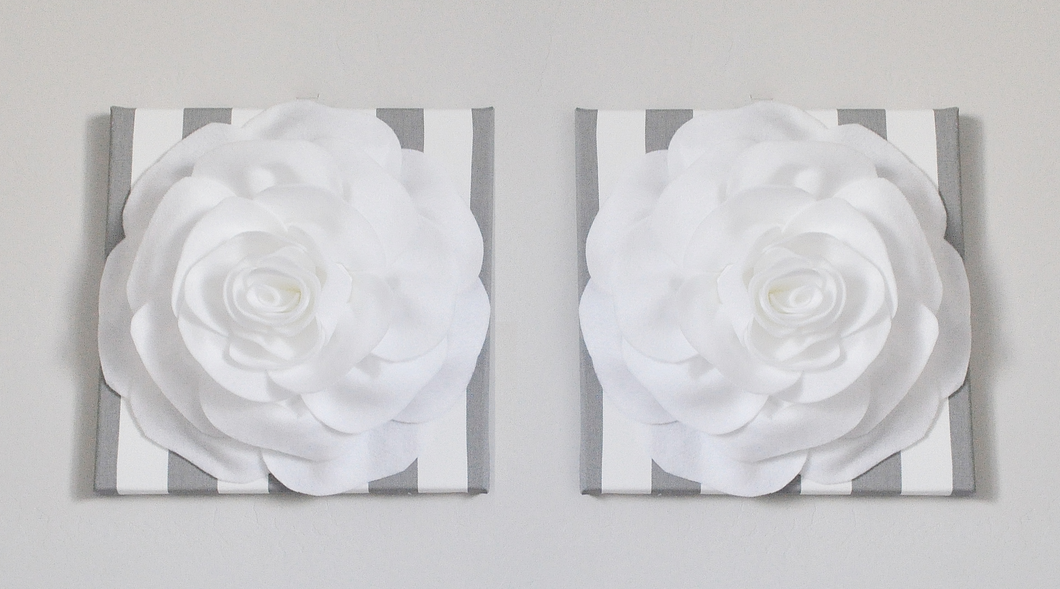 Set of TWO White Roses on Gray Stripe Canvases